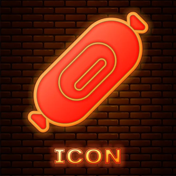 Icono de salchicha Salami de neón brillante aislado en el fondo de la pared de ladrillo. Producto de carne delicatessen. Ilustración vectorial — Vector de stock