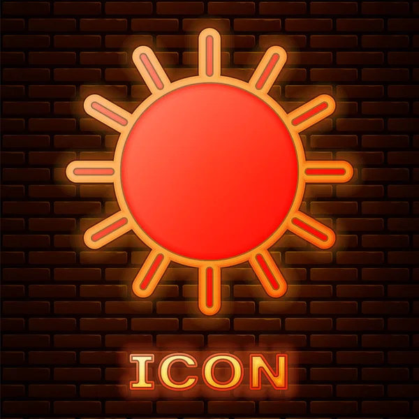 Glowing neon Sun icon isolated on brick wall background. Vector Illustration — Stock Vector