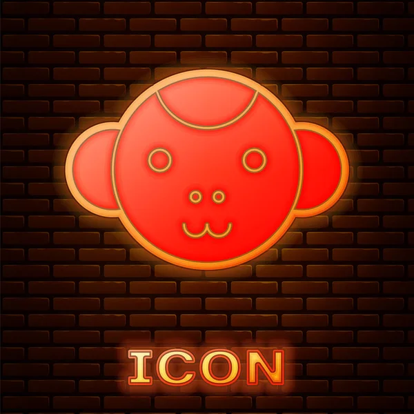 Glowing neon Monkey zodiac sign icon isolated on brick wall background. Astrological horoscope collection. Vector Illustration — ストックベクタ