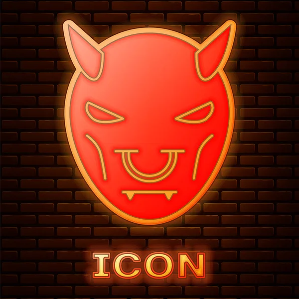 Светящаяся неоновая маска дьявола с иконкой рогов, выделенной на фоне кирпичной стены. Векторная миграция — стоковый вектор