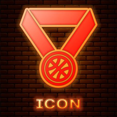 Duvarda izole edilmiş kurdele ikonu olan parlak neon basketbol madalyası. Vektör İllüstrasyonu