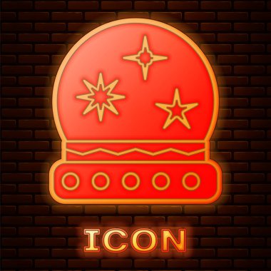 Parlayan neon Magic topu simgesi tuğla duvar arka plan izole. Kristal top. Vektör İllüstrasyonu