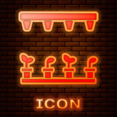 Parlayan Neon otomatik sulama Sprinkler simgesi tuğla duvar arka planda izole. Sulama Ekipmanları. Bahçe elemanı. Püskürtme tabancası simgesi. Vektör Illustration