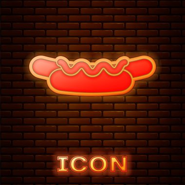 Tuğla duvar arka planda izole hardal simgesi ile parlayan Neon Hotdog sandviç. Sosis simgesi. Sokak Fast-Food menüsü. Vektör Illustration