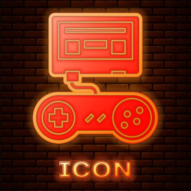 Duvarda izole edilmiş joystick ikonu olan parlak neon video oyun konsolu. Vektör İllüstrasyonu
