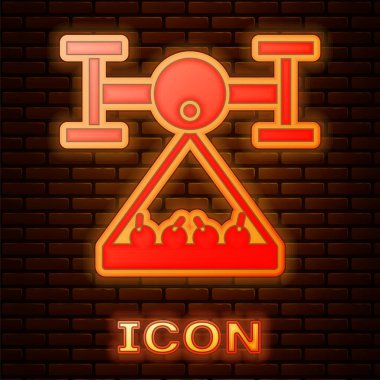 Parlayan neon akıllı çiftliği İHA kontrolüyle tuğla duvar arka planında izole edilmiş hasat ikonunu topluyor. Tarım şirketi için icat teknolojisi. Vektör İllüstrasyonu