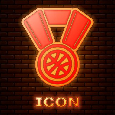 Duvarda izole edilmiş kurdele ikonu olan parlak neon basketbol madalyası. Vektör İllüstrasyonu