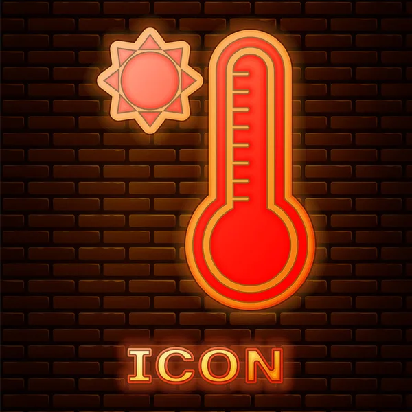 Termômetro de meteorologia neon brilhante medindo calor e ícone frio isolado no fundo da parede de tijolo. Equipamento termômetro mostrando clima quente ou frio. Ilustração vetorial — Vetor de Stock
