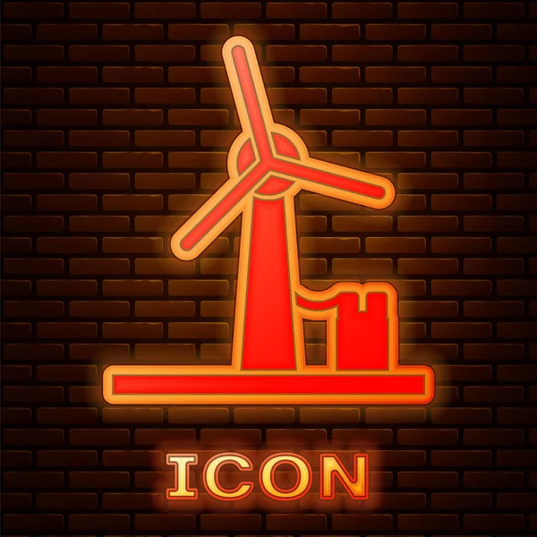 Gloeiende neon Wind turbine icoon geïsoleerd op baksteen muur achtergrond. Windgenerator bord. Windmolen voor elektriciteitsproductie. Vector Illustratie — Stockvector