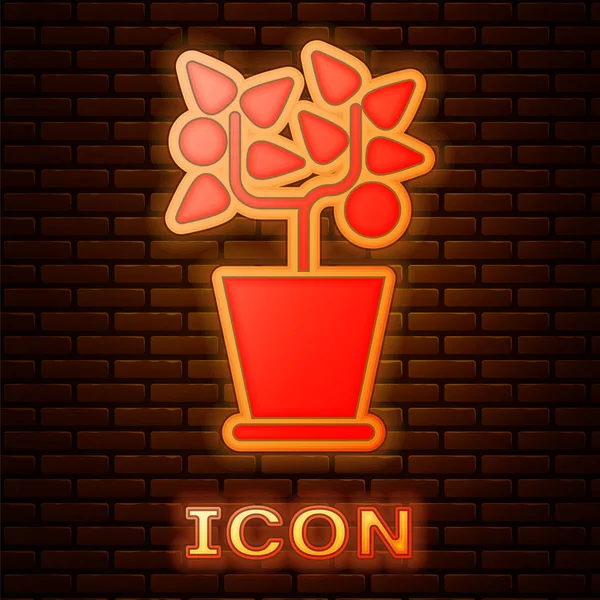 Glödande neon växt i potten ikon isolerad på tegel vägg bakgrund. Växt som växer i en kruka. Krukväxt tecken. Vektor Illustration — Stock vektor