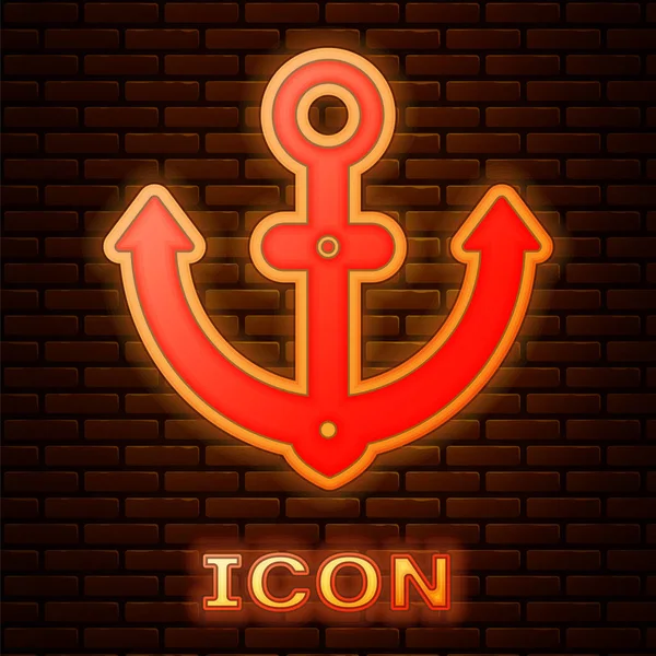 Glowing neon Anchor icon isolated on brick wall background. Vector Illustration — Stock Vector