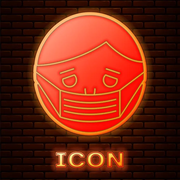 Glowing neon Man face in a medical protective mask icon isolated on brick wall background. Quarantine. Vector Illustration — ストックベクタ