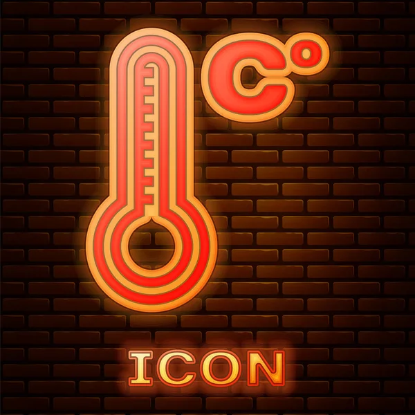 Termometro fluorescente al neon Meteorologia che misura il calore e l'icona a freddo isolata su fondo parete in mattoni. Temperatura Celsius. Illustrazione vettoriale — Vettoriale Stock