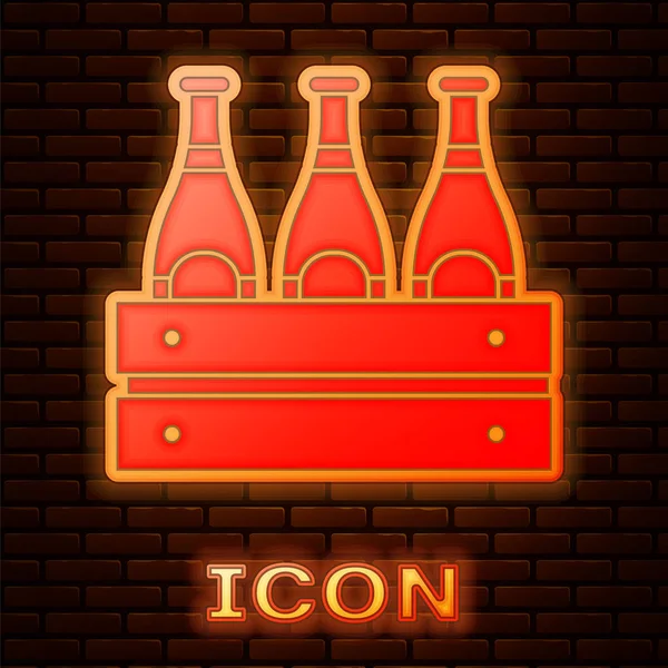 Brillante neon Confezione di bottiglie di birra icona isolata su sfondo muro di mattoni. Scatola di legno e bottiglie di birra. Caso cassa birra scatola segno. Illustrazione vettoriale — Vettoriale Stock