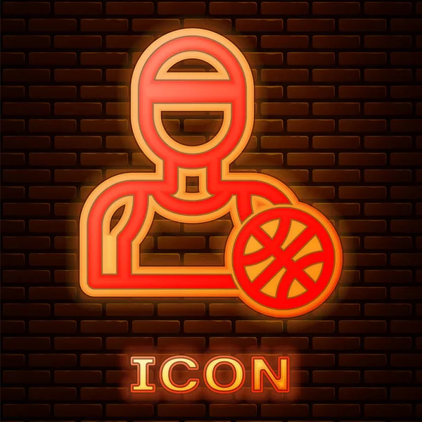 Glowing neon Basketball player icon isolated on brick wall background. Vector Illustration — Stock Vector