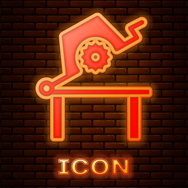 Neon incandescente Tavolo sega per icona in legno isolato su sfondo muro di mattoni. Panchina per seghe elettriche. Illustrazione vettoriale — Vettoriale Stock