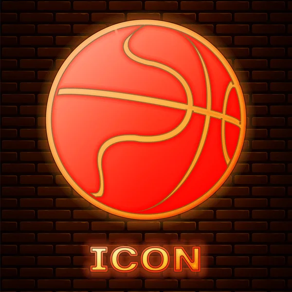 Icono de bola de baloncesto de neón brillante aislado en el fondo de la pared de ladrillo. Símbolo deportivo. Ilustración vectorial — Vector de stock