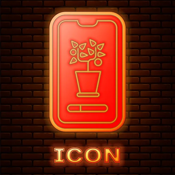 Glowing neon Smart control farming system mobile application icon isolated on brick wall background. Vector Illustration — ストックベクタ