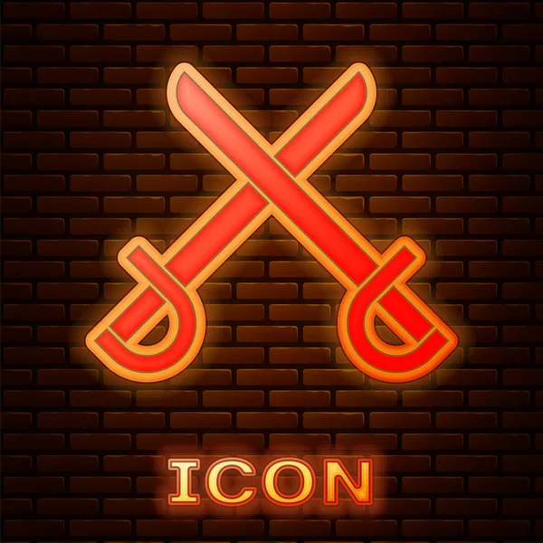 Žhnoucí neon zkřížené pirátské meče ikona izolované na cihlové zdi pozadí. Znamení Sabre. Vektorová ilustrace — Stockový vektor