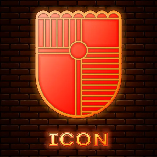 Escudo de néon brilhante para o ícone do jogo isolado no fundo da parede de tijolo. Ilustração vetorial — Vetor de Stock