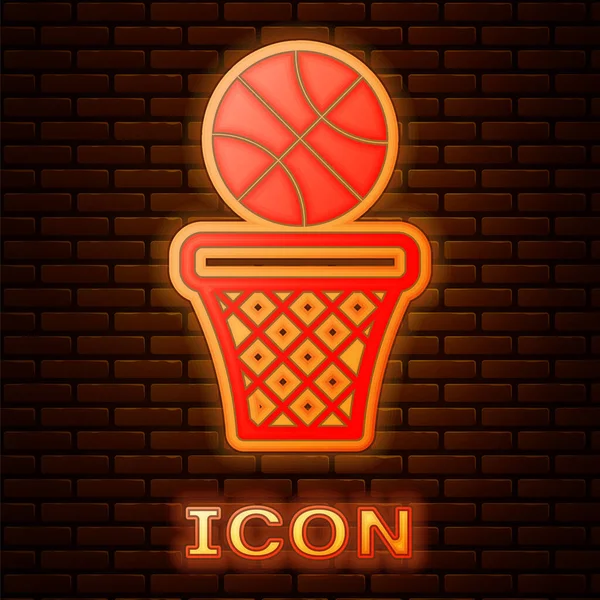 Zářící neon basketbal míč a koš ikona izolované na cihlové zdi pozadí. Míč v basketbalovém koši. Vektorová ilustrace — Stockový vektor