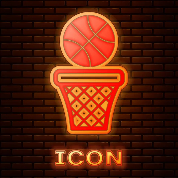 Brillante bola de baloncesto de neón y canasta icono aislado en el fondo de la pared de ladrillo. Pelota en el aro de baloncesto. Ilustración vectorial — Vector de stock