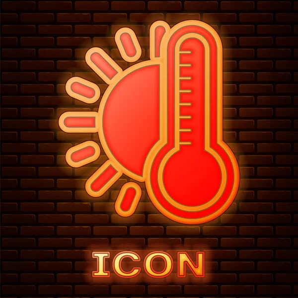 Leuchtendes Neon-Thermometer mit Sonnensymbol auf Ziegelwand-Hintergrund. Vektorillustration — Stockvektor