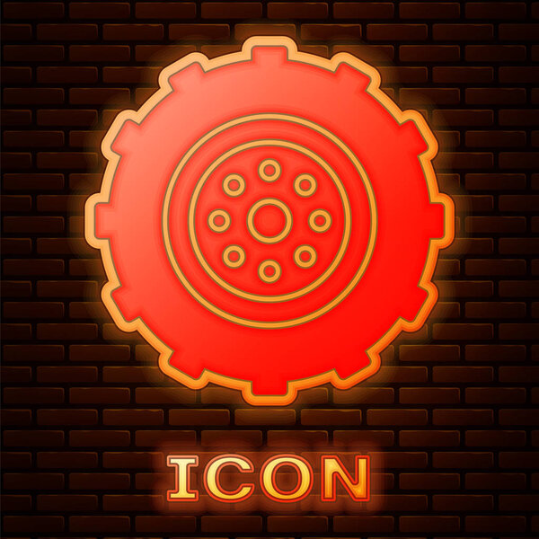 Glowing neon Car wheel icon isolated on brick wall background. Vector Illustration