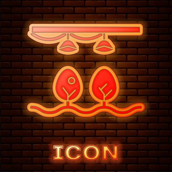 Glowing neon Smart farm with light bulb and plant symbol icon isolated on brick wall background. Vector Illustration — ストックベクタ