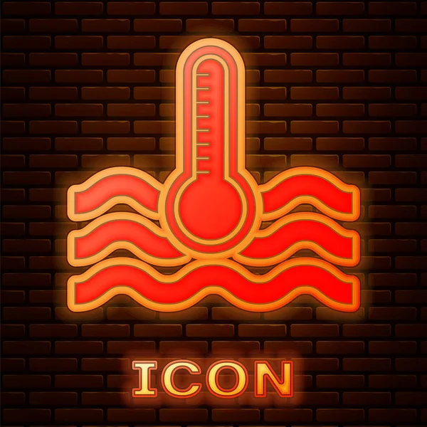 Glowing neon Water thermometer measuring heat and cold icon isolated on brick wall background. Thermometer equipment showing hot or cold weather. Vector Illustration — Stock Vector