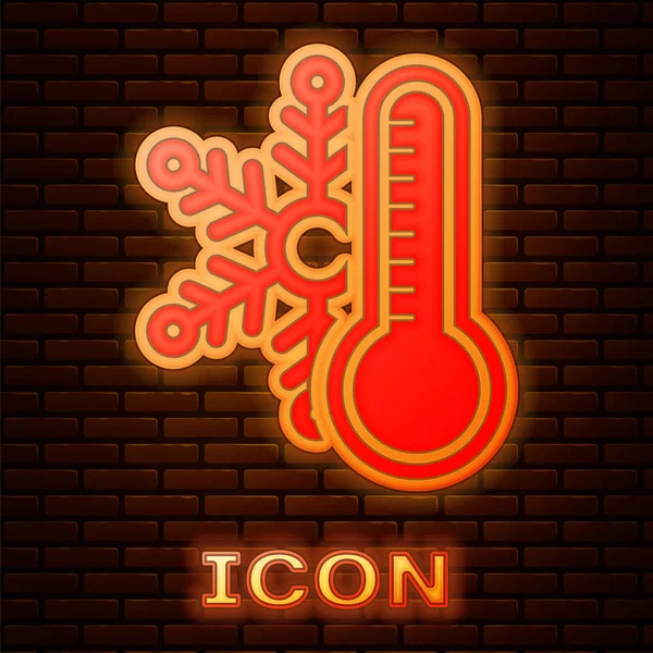 Termometro fluorescente al neon con icona a fiocco di neve isolato su sfondo muro di mattoni. Illustrazione vettoriale — Vettoriale Stock
