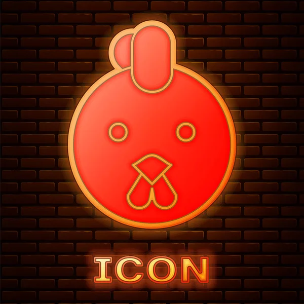 Glowing neon Rooster zodiac sign icon isolated on brick wall background. Astrological horoscope collection. Vector Illustration — ストックベクタ