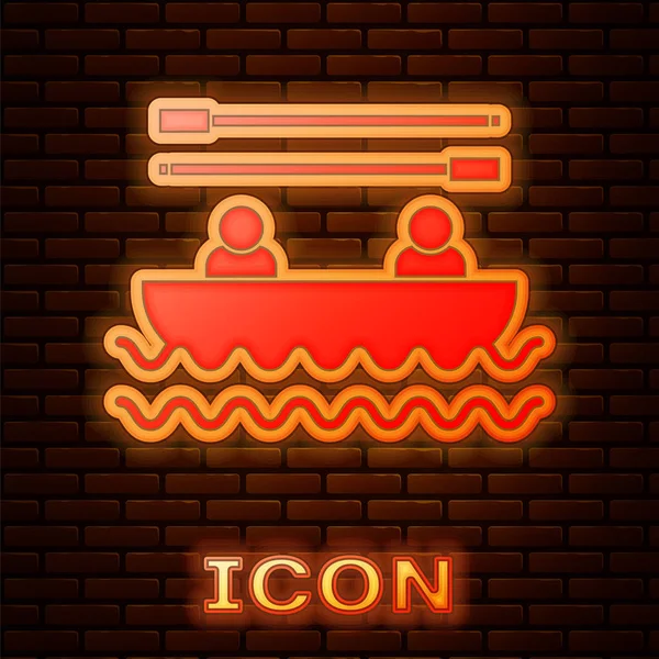 Glowing neon Boat with oars and people icon isolated on brick wall background. Water sports, extreme sports, holiday, vacation, team building. Vector Illustration — Stock Vector