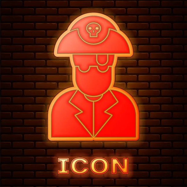 Icono de capitán pirata de neón brillante aislado en el fondo de la pared de ladrillo. Ilustración vectorial — Archivo Imágenes Vectoriales