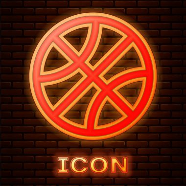 Parlayan neon basketbol topu ikonu tuğla duvar arkasında izole edilmiş. Spor sembolü. Vektör İllüstrasyonu
