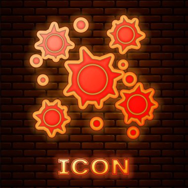Tuğla duvar arka planda izole Neon bakteri simgesi parlayan. Bakteriler ve mikroplar, mikroorganizma hastalığı neden, hücre kanseri, mikrop, virüs, mantar. Vektör Illustration