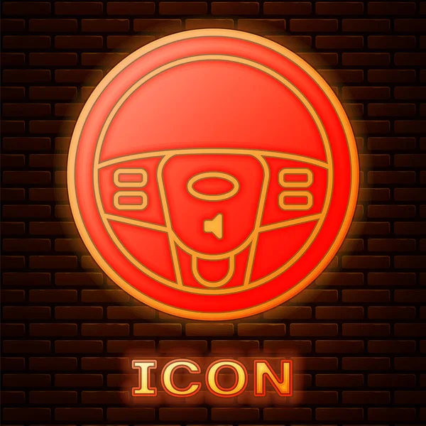 Gloeiend neon Stuurwiel pictogram geïsoleerd op baksteen muur achtergrond. Autowiel icoon. Vector Illustratie — Stockvector