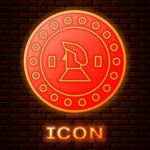 Glowing neon Pirate coin icon isolated on brick wall background. Vector Illustration