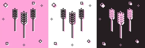 Set Cereais conjunto com arroz, trigo, milho, aveia, centeio, cevada ícone isolado em rosa e branco, fundo preto. Orelhas de símbolos de pão de trigo. Ilustração vetorial — Vetor de Stock