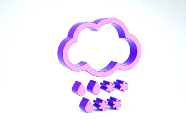 Beyaz zemin üzerinde kar ve yağmur ikonu olan mor bulut. Hava durumu simgesi. 3d illüstrasyon 3d canlandırma