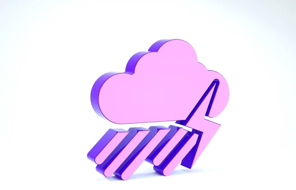 Purple Cloud s ikonou deště a blesku izolované na bílém pozadí. Déšť mrak srážky s kapkami deště.Počasí ikona bouře. 3D ilustrace 3D vykreslení — Stock fotografie