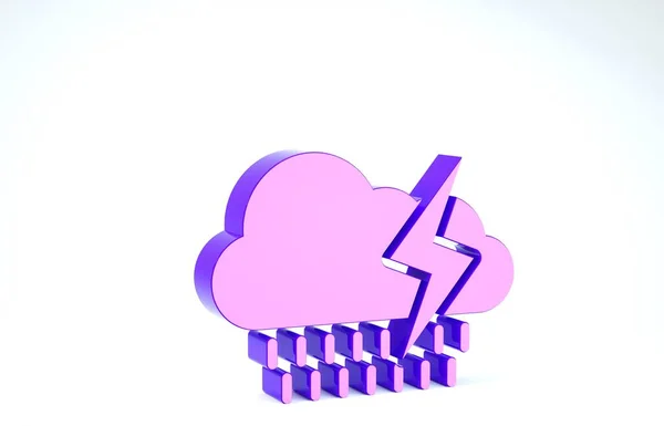 Purple Cloud with rain and lightning icon isolated on white background. Rain cloud precipitation with rain drops.Weather icon of storm. 3d illustration 3D render — 스톡 사진