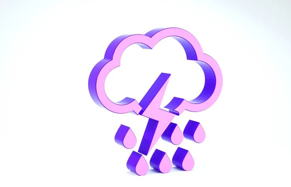 Nuage violet avec la pluie et l'icône de la foudre isolé sur fond blanc. Précipitations de nuages de pluie avec gouttes de pluie.Icône météorologique de la tempête. Illustration 3D rendu 3D — Photo