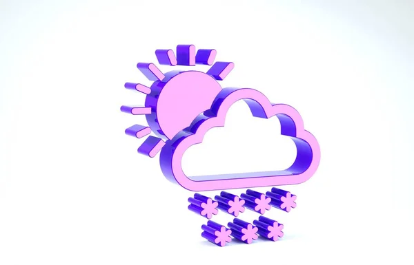 Nube púrpura con icono de nieve y sol aislado sobre fondo blanco. Nube con copos de nieve. Icono de tiempo único. Signo de niebla. 3D ilustración 3D render —  Fotos de Stock