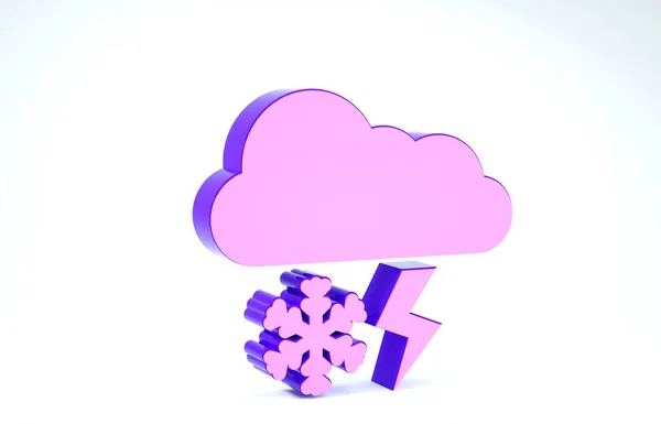 Nube púrpura con nieve y relámpago icono aislado sobre fondo blanco. Nube con copos de nieve. Icono de tiempo único. Signo de niebla. 3D ilustración 3D render — Foto de Stock