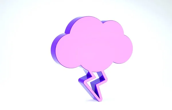 Ícone de tempestade roxa isolado no fundo branco. Sinal de nuvem e relâmpago. Ícone meteorológico da tempestade. 3D ilustração 3D render — Fotografia de Stock