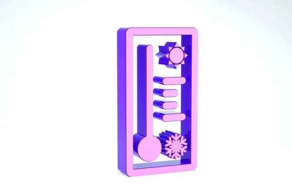 Lila meteorológiai hőmérő, amely fehér alapon izolált hőt és hideg ikont mér. Hőmérő berendezés, amely meleg vagy hideg időjárást mutat. 3d illusztráció 3d render — Stock Fotó