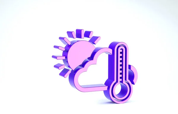 Paarse thermometer en wolk met zon pictogram geïsoleerd op witte achtergrond. 3d illustratie 3d renderen — Stockfoto