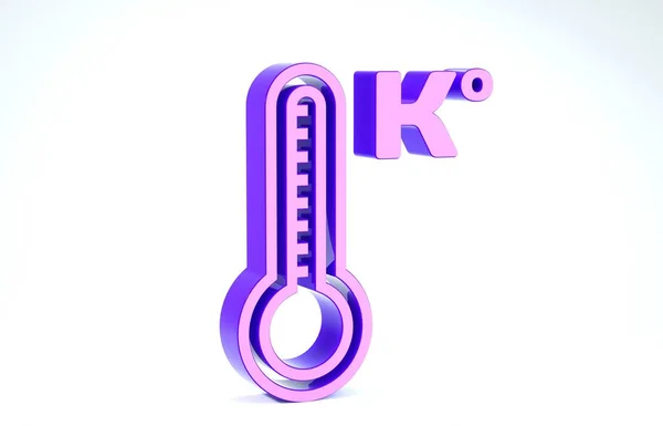 Das lila Meteorologie-Thermometer misst Hitze und Kälte isoliert auf weißem Hintergrund. Temperatur Kelvin. 3D Illustration 3D Renderer — Stockfoto