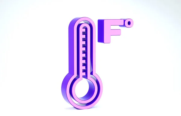 Фіолетовий метеорологічний термометр вимірює тепло і холодний ікон, ізольований на білому тлі. Температура Фаренгейта. 3d Illustrated 3d render — стокове фото